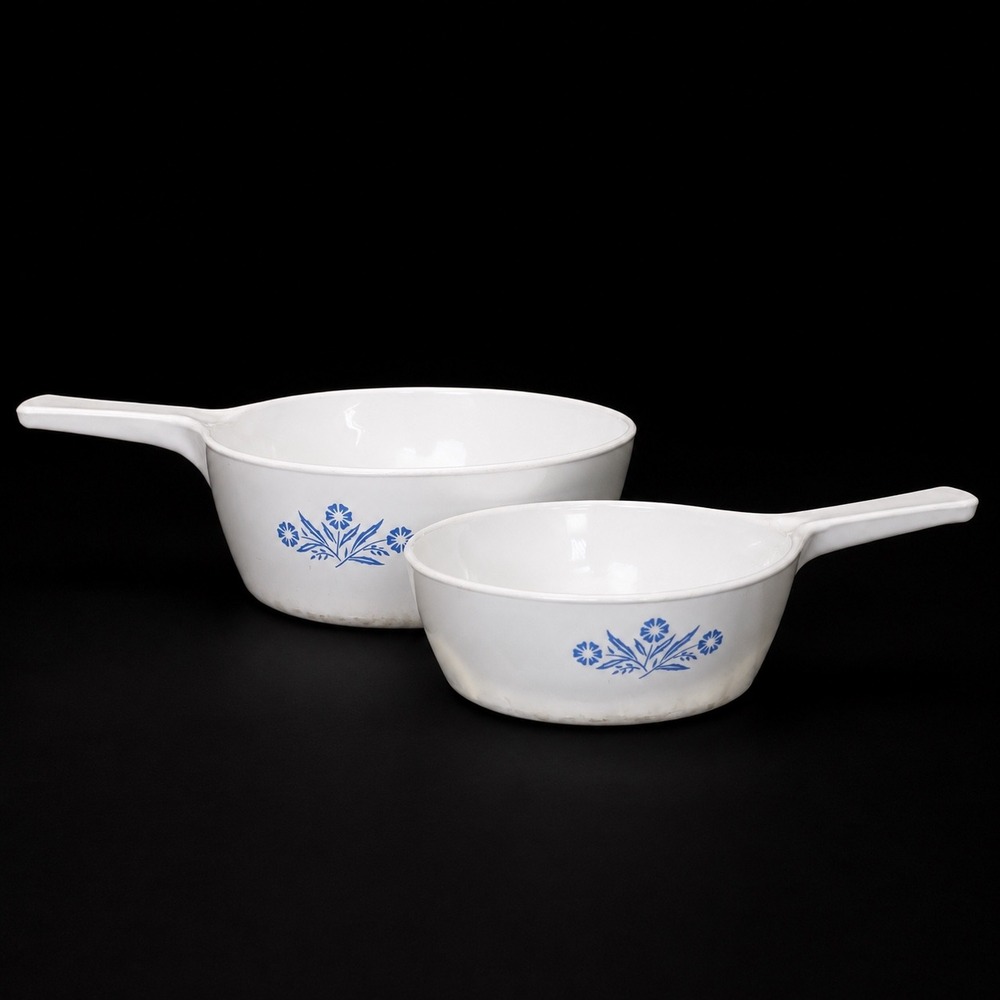 Corning Ware Blue Cornflower Skillet Set 1 Pint P-81-B & 1/2 Pint 701-B White